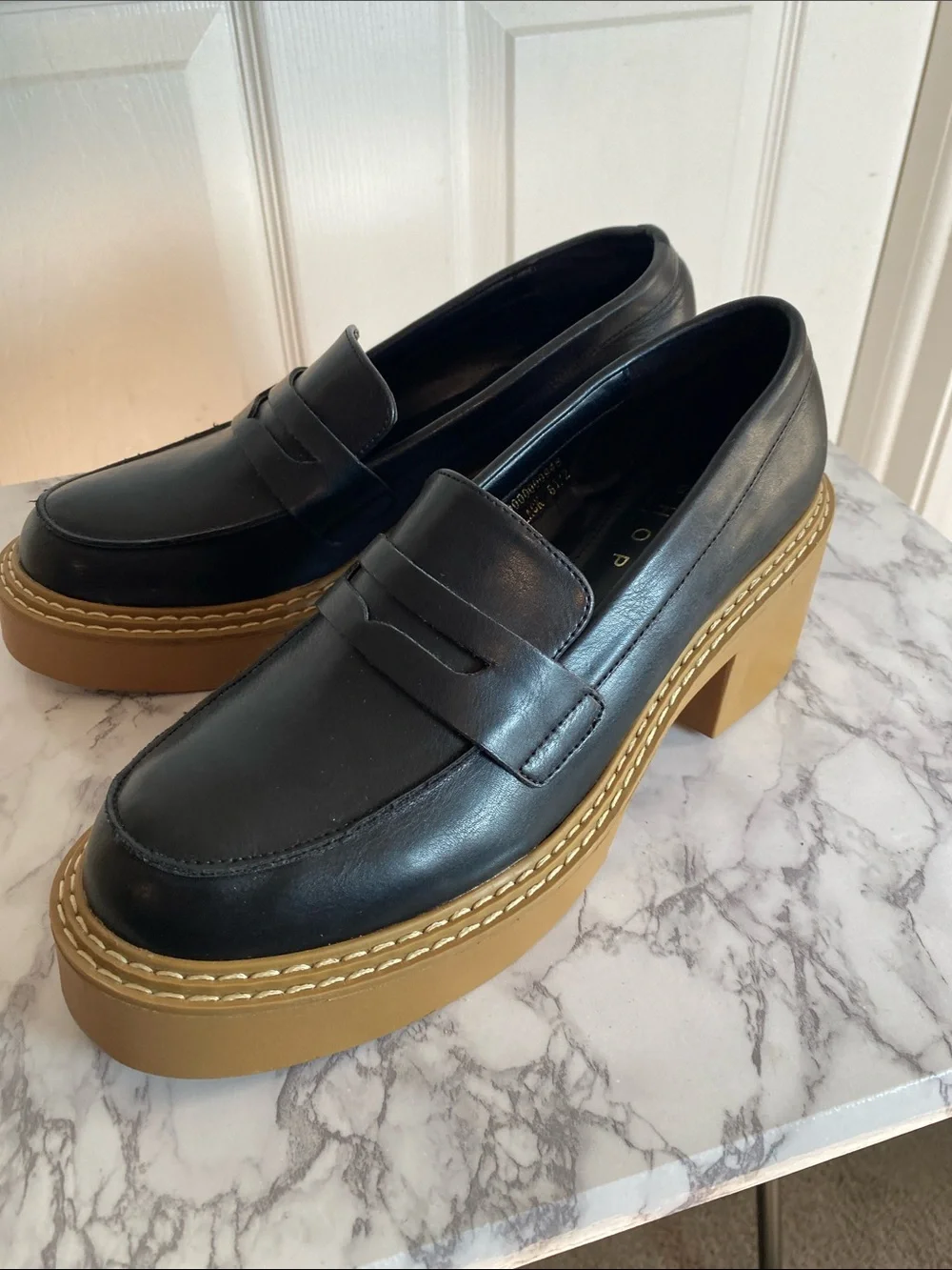 ShuShop Black Leather Platform Penny Loafers with Tan Sole Size 8.5 Chunky Block